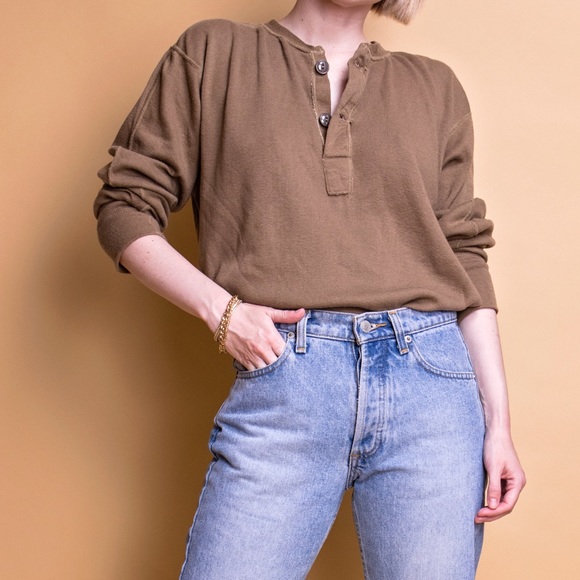 Vintage Sweaters - ❌SOLD❌Vintage brown wool army Henley knit sweater